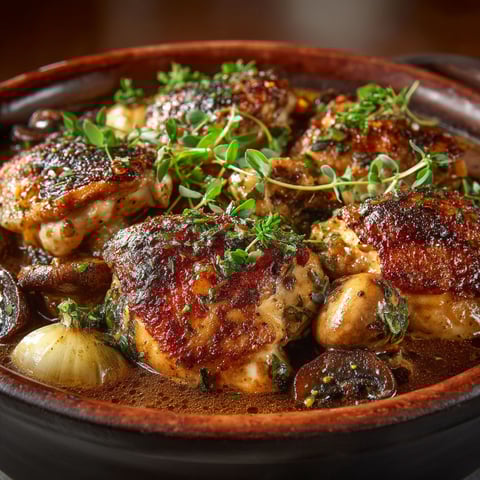 A bowl of chicken with herbs and mushrooms.
