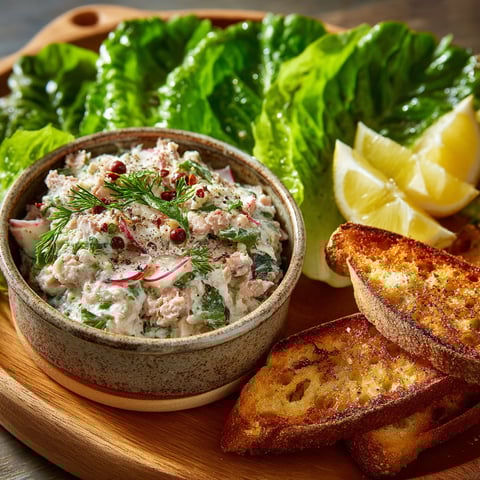 A bowl of fish salad with bread and lemon wedges.