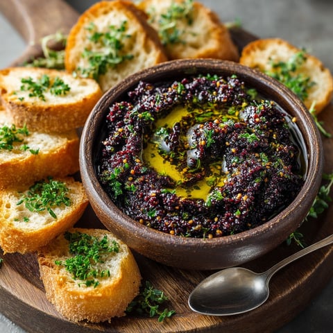 A bowl of tapenade with bread and herbs.