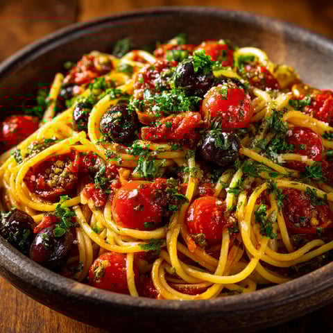 A bowl of spaghetti with tomatoes and olives.