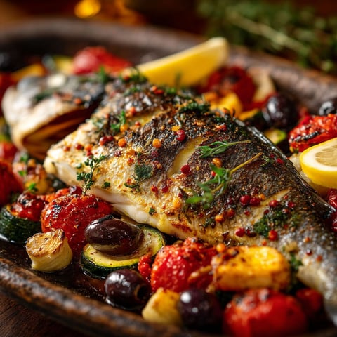 A delicious meal of fish with vegetables.