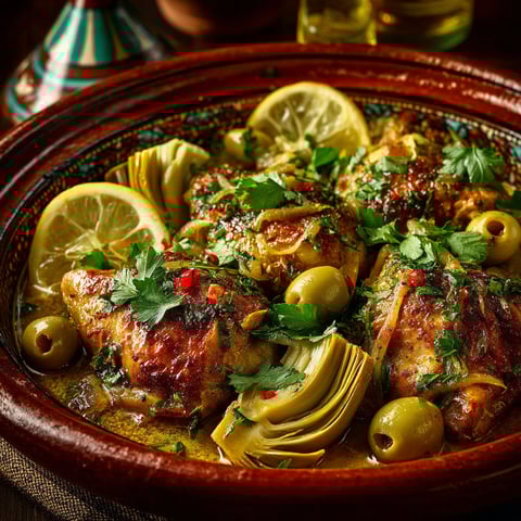 A bowl of food with lemon slices and olives.