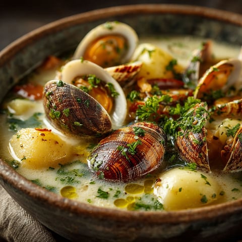 A bowl of soup with clams and potatoes.