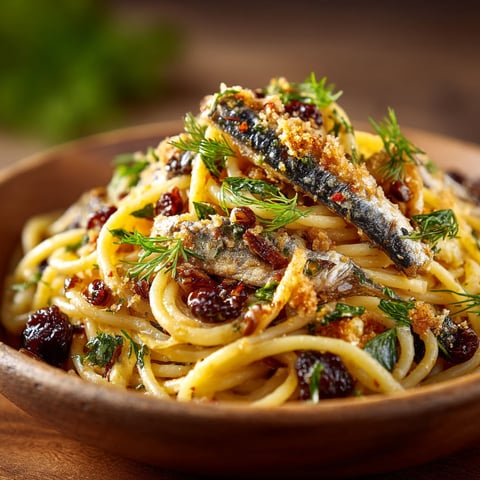 A bowl of spaghetti with sardines and herbs.