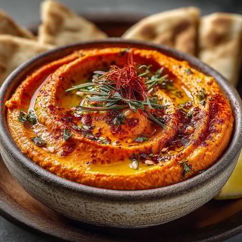 A bowl of hummus with a spoon in it.