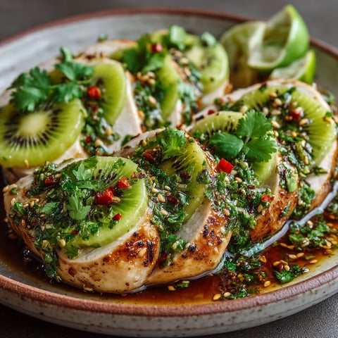 Chicken with a sauce made from kiwi and garnished with cilantro.