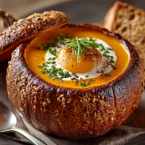 A bowl of soup with a fried egg on top.