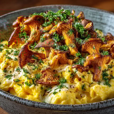 A bowl of mushroom and egg dish.