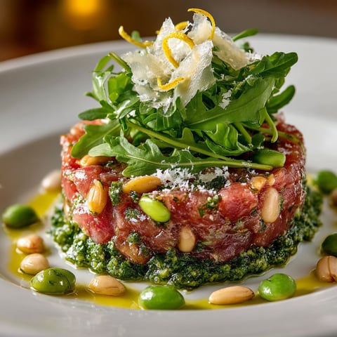 A plate of food with a green topping.