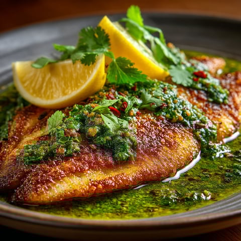 A plate of fish with lemon and herbs on top.