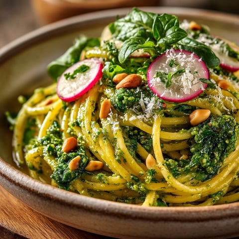 Spaghetti sauce with pesto and radish leaves.