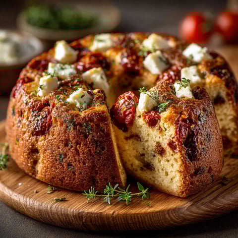 Un gâteau au chèvre et à la tomate sur un plateau.