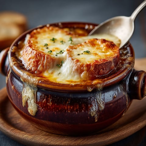 Une soupe à l'oignon chaude dans un bol.