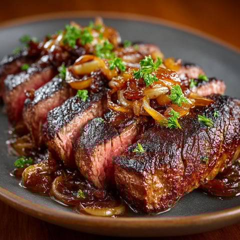 Une bavette grillée avec des échalotes et des herbes.