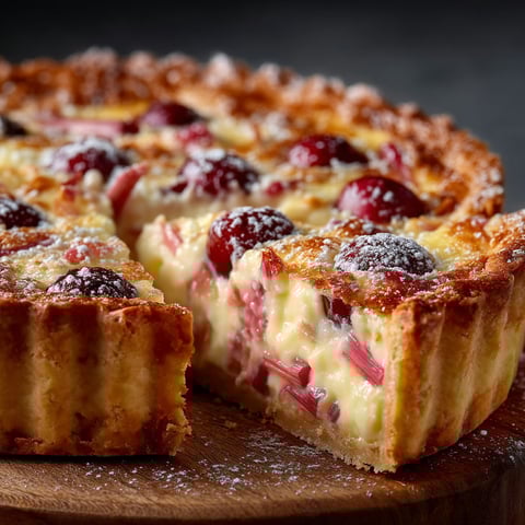 Une tarte rhubarbe cerises est servie sur un plateau.