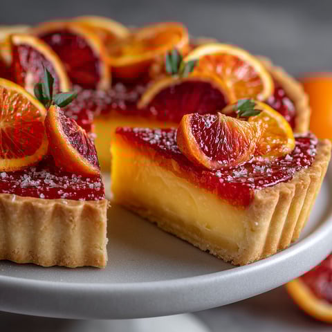 Une tarte à l'orange sanguine avec des oranges et des épinards.