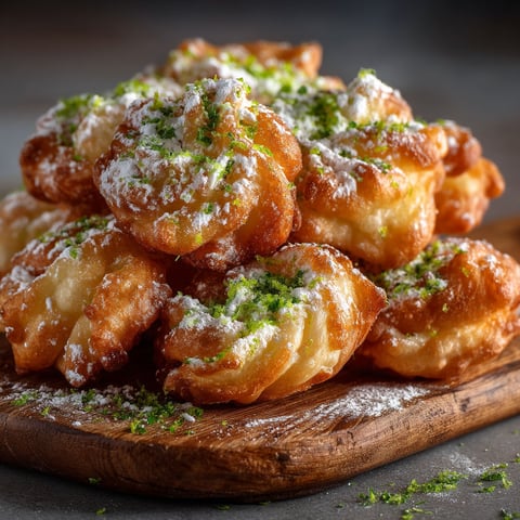 Une pile de bugnes aux agrumes sur une planche.
