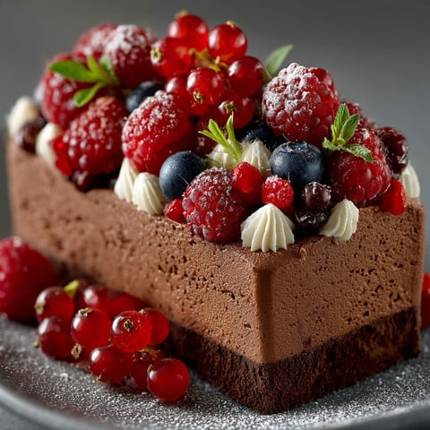 Une tarte au chocolat et fruits rouges.