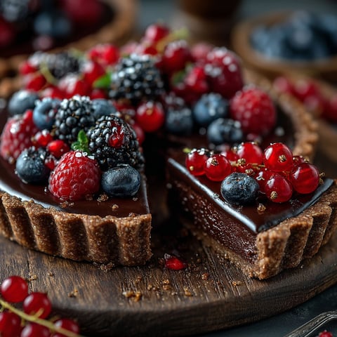Une tarte au chocolat et aux fruits rouges vegan.