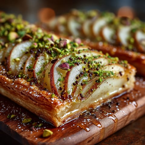 Une tarte aux poires, grué et pistache, sur une planche de bois.