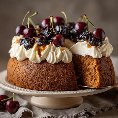Une tarte aux cerises et au chocolat sur un plateau.