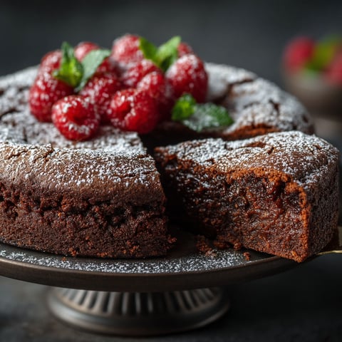 Une torta caprese avec des fraises et des feuilles de menthe.
