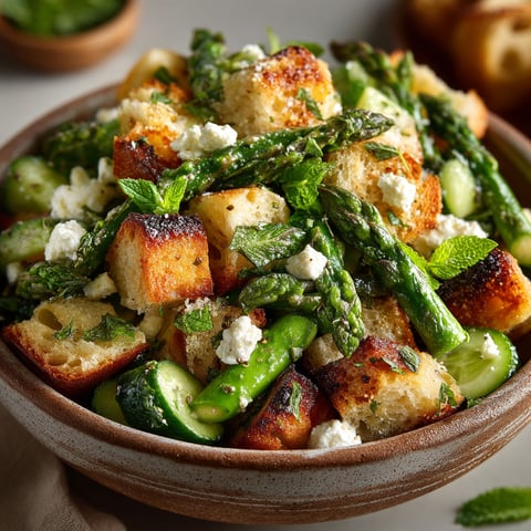 Une salade de printemps avec des asperges, des pains grillés et du fromage.