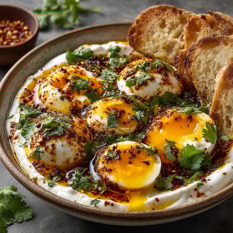 Une assiette de œufs à la turque avec du pain grillé.