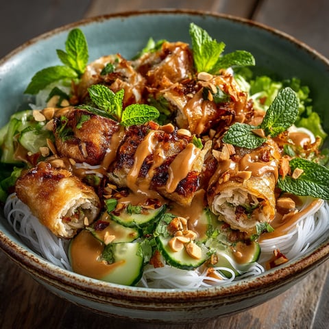 Une assiette de bo bun au nems et de poulet frit.