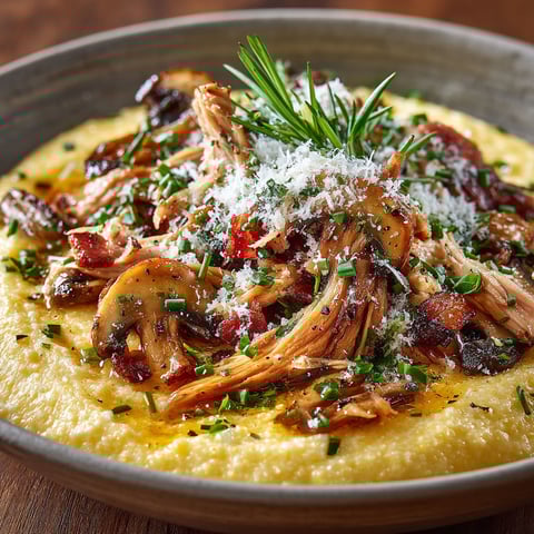 Polenta à la parisienne avec des légumes et des herbes.