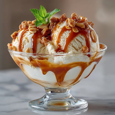 Une coupe glacée avec des noix et du sucre.