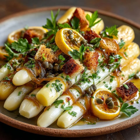 Une asperge sauce grenobloise est servie sur un plateau.