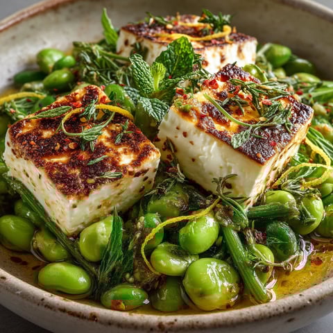 Salade de féves et féta rôtie.