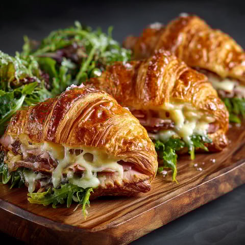 Croissants jambon-fromage sur une planche.