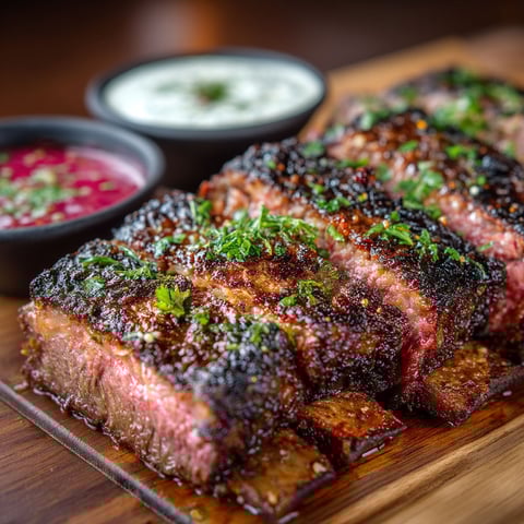 Une viande grillée avec une sauce tartare et une sauce bourguignonne maison.