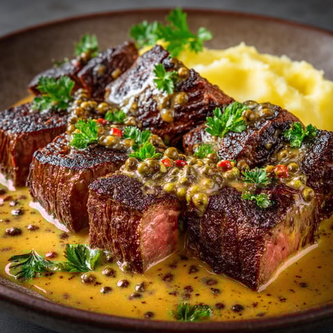 Une recette d'onglet de bœuf au poivre vert.