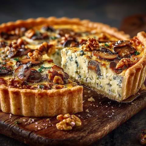 Une quiche aux champignons et aux noix.