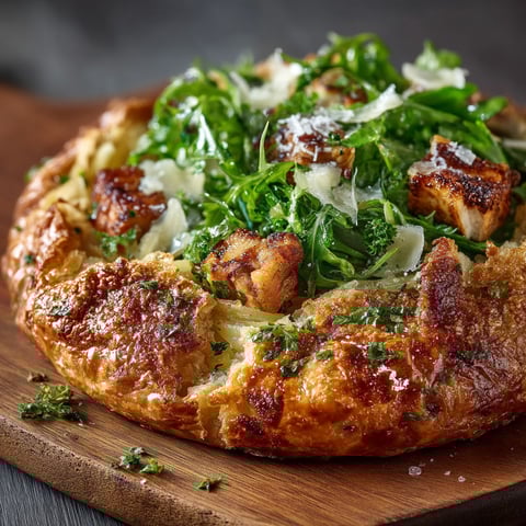 Une galette poireaux/pommes de terre sur un plateau.