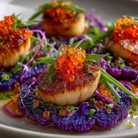 Ma recette de Saint-Jacques et carpaccio de chou-fleur violet.