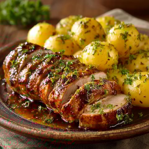 Filet mignon avec des pommes de terre et des herbes.