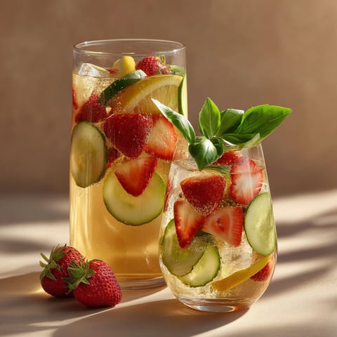 Une tasse de sangria blanche avec des fraises et des cucumbers.
