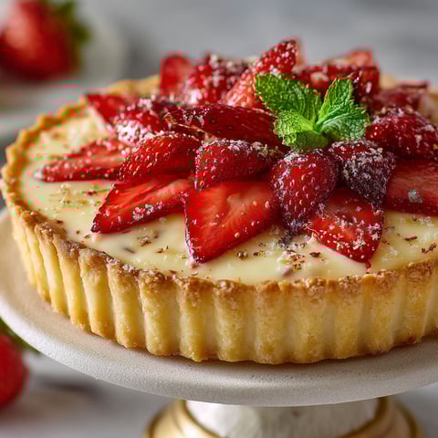 Une tarte fraise-rhubarbe sur un plateau.