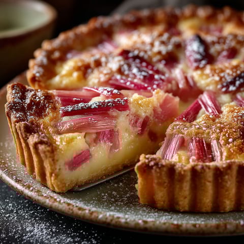 Une tarte à la rhubarbe sur un plateau.