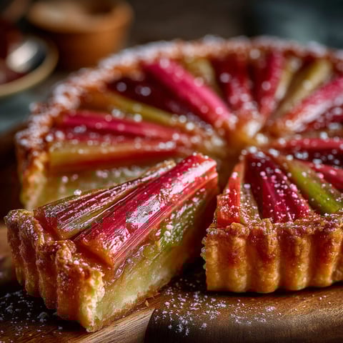 Une tarte aux rhubarbes est servie sur un plateau.