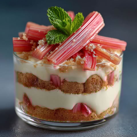 Une tarte aux rhubarbes est servie dans un verre.