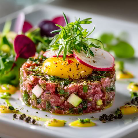 Une tartare de bœuf avec des herbes et des légumes.