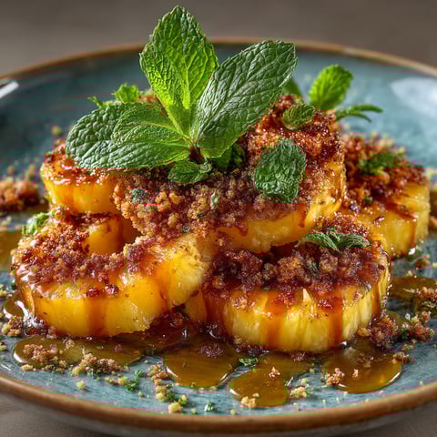 Une recette de crumble d'ananas rôti caramel vanillé et beurre salé.