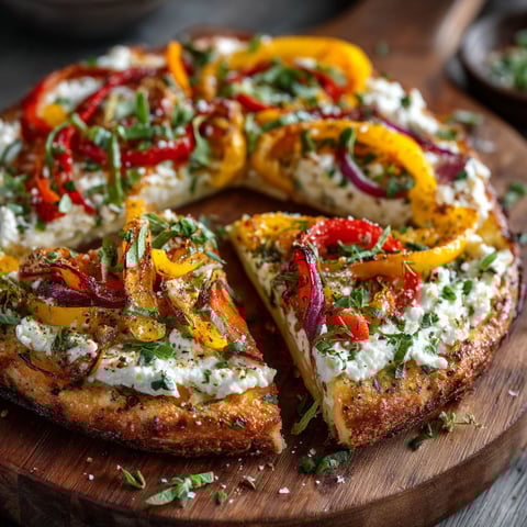 Une pizza avec des poivrons et du ricotta.