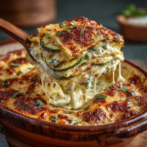 Une portion de lasagne de courgette mozza.