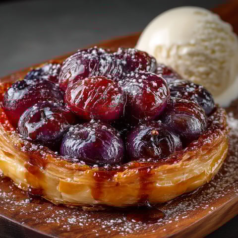 Une tarte tatin aux prunes.